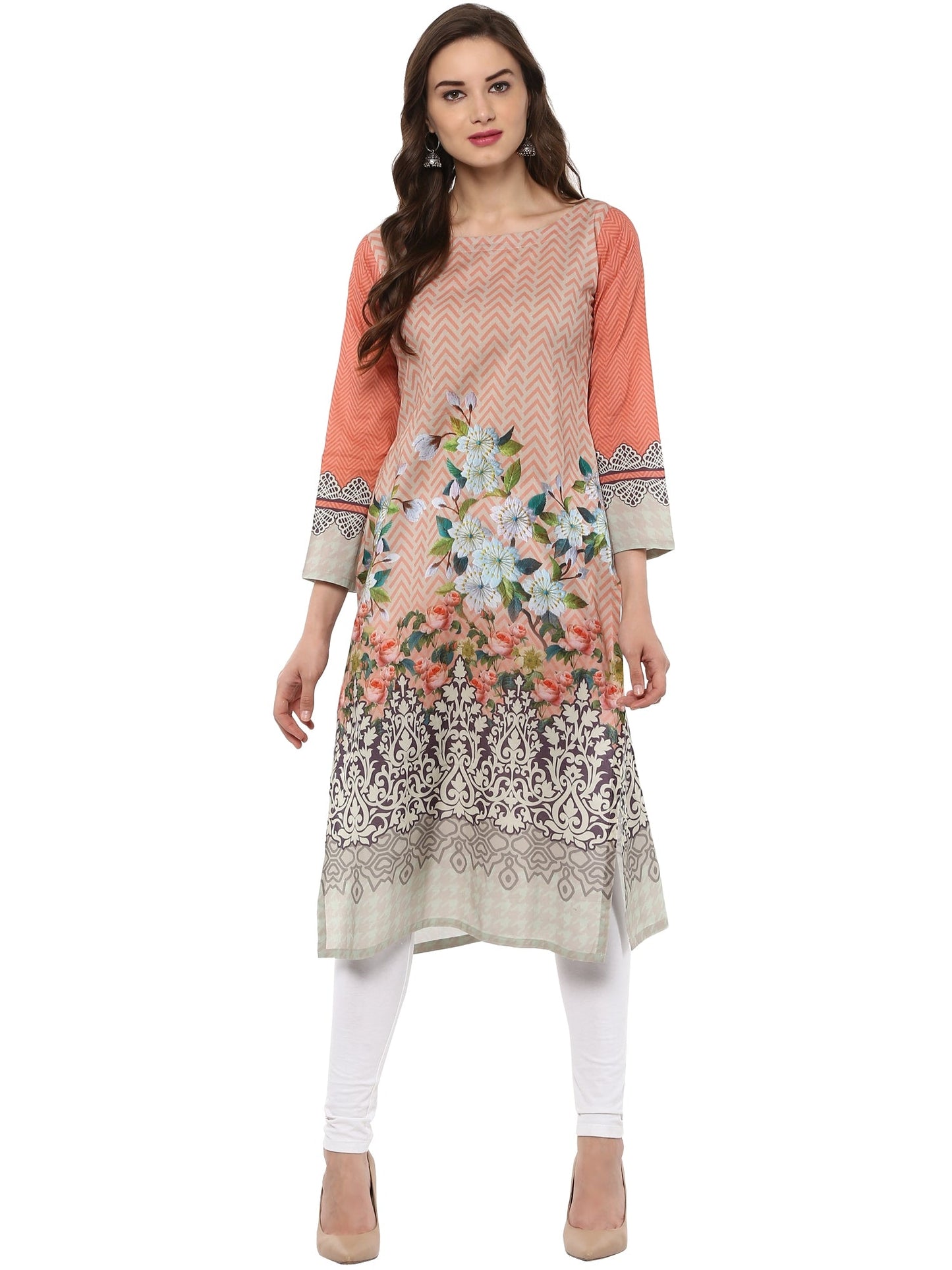 Women's Peach Printed Cotton Floral Pakistani Only Kurta