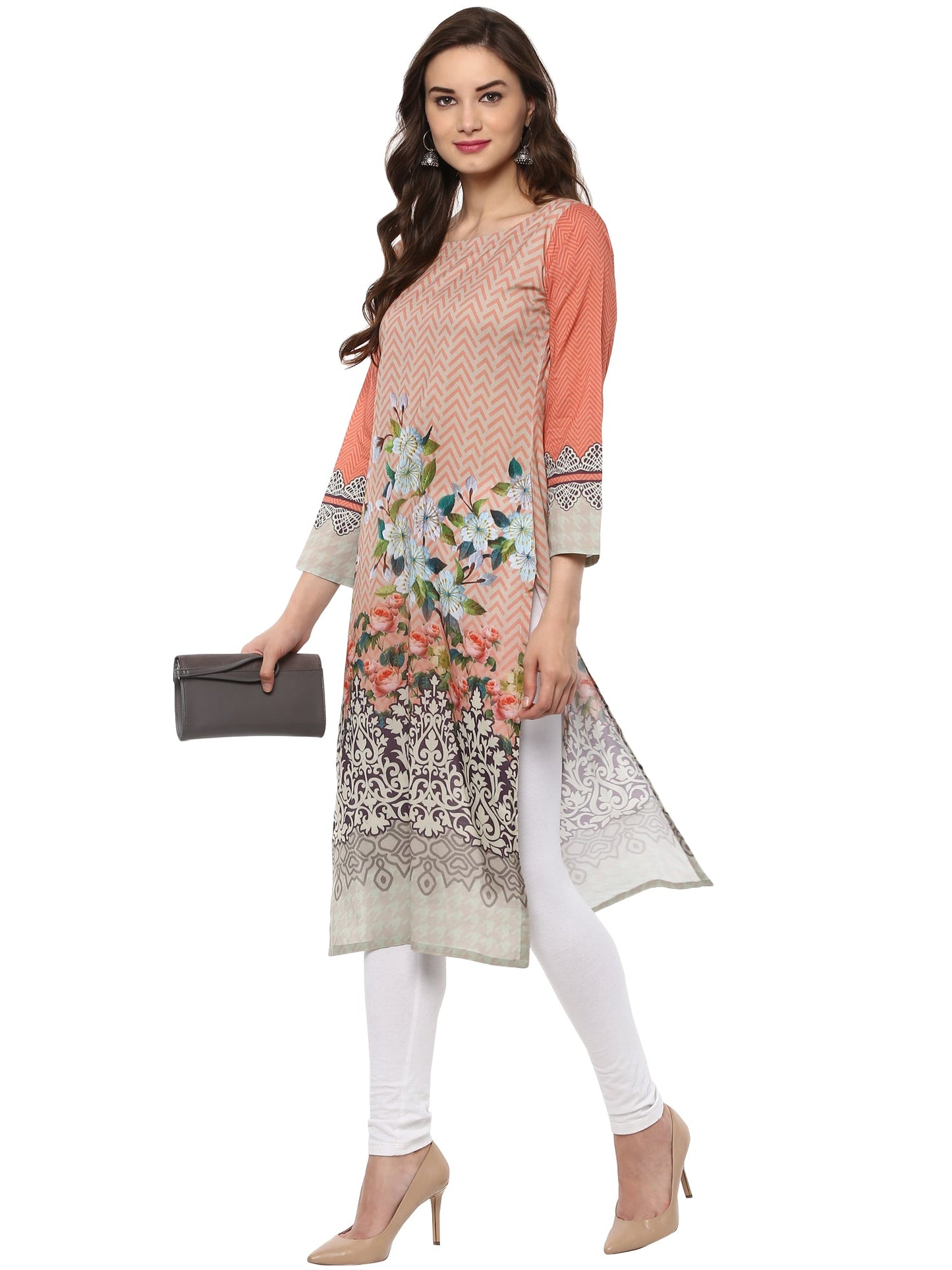 Women's Peach Printed Cotton Floral Pakistani Only Kurta
