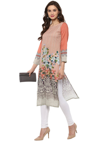 Women's Peach Printed Cotton Floral Pakistani Only Kurta