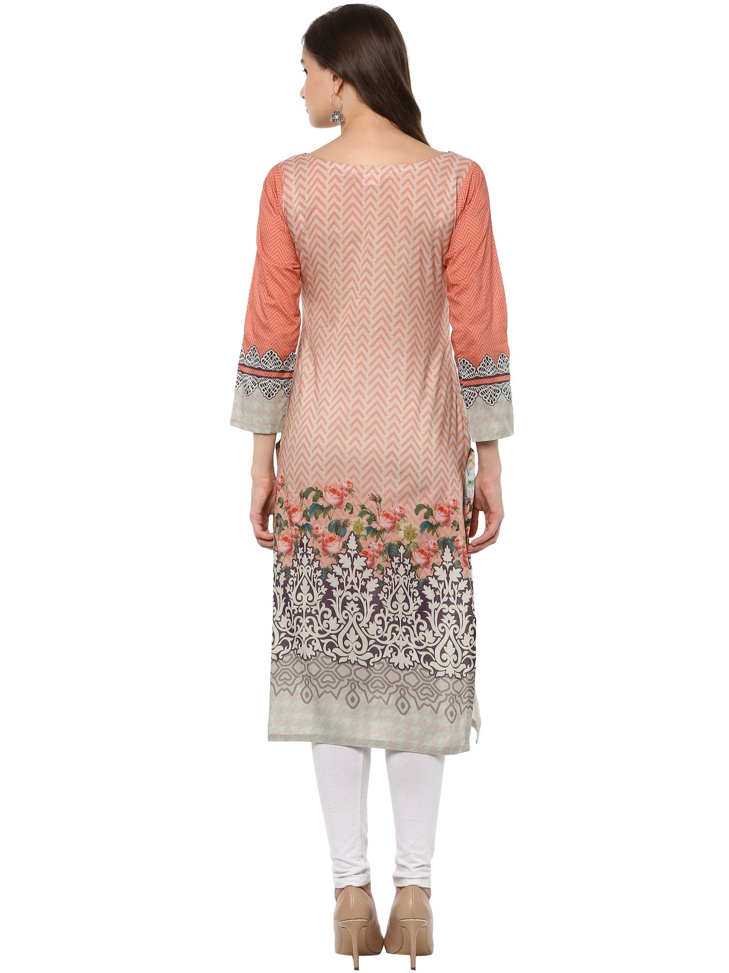 Women's Peach Printed Cotton Floral Pakistani Only Kurta