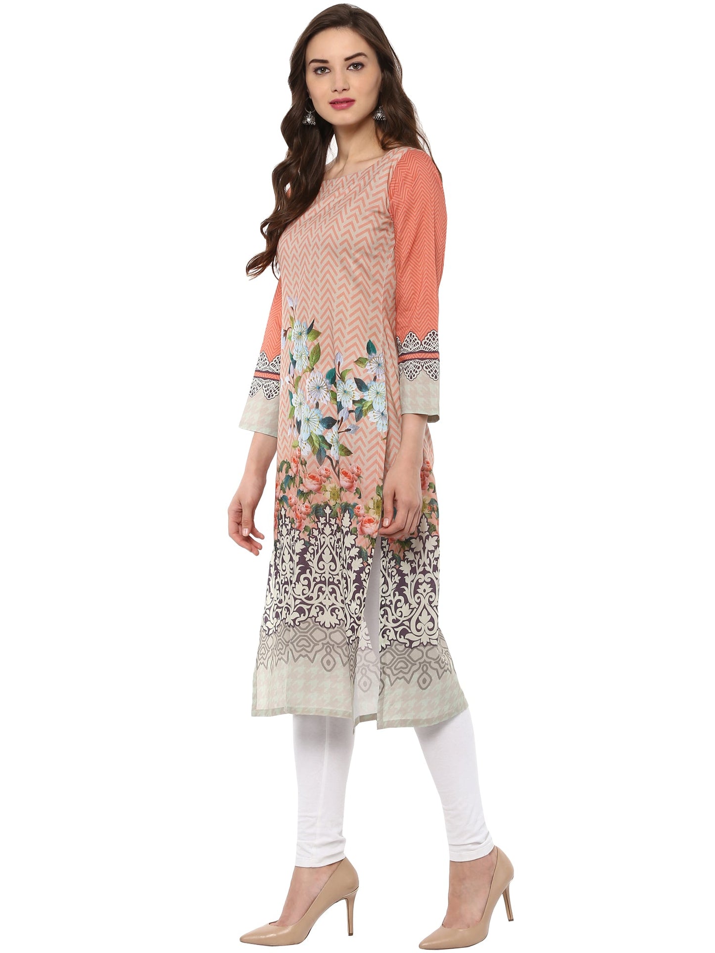 Women's Peach Printed Cotton Floral Pakistani Only Kurta