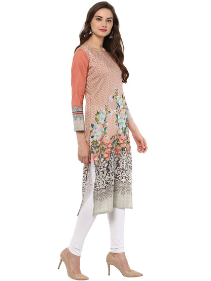 Women's Peach Printed Cotton Floral Pakistani Only Kurta
