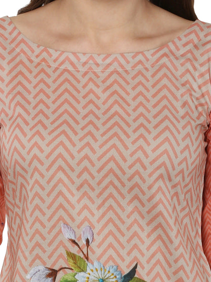 Women's Peach Printed Cotton Floral Pakistani Only Kurta