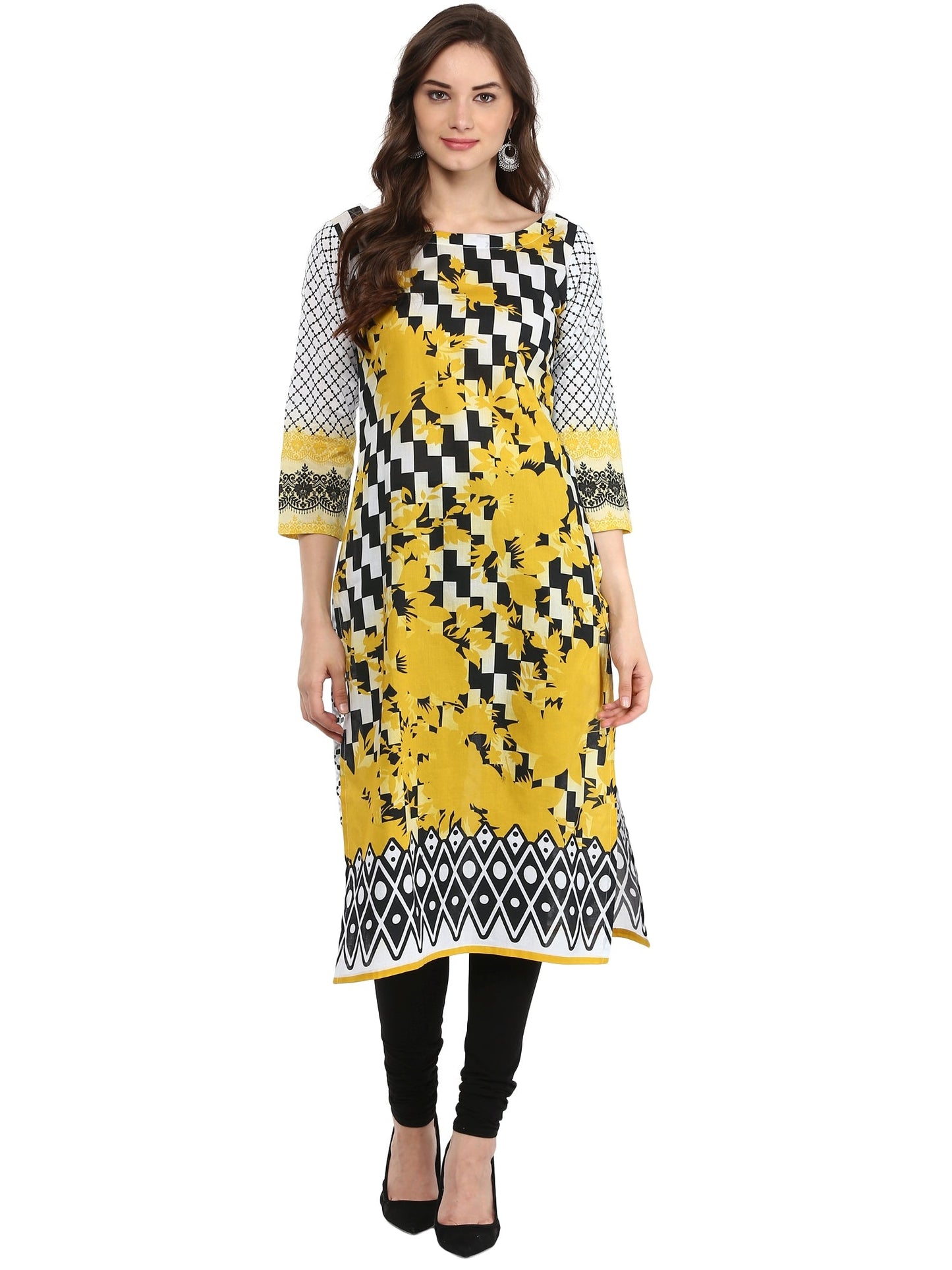 Women's Black & White Checkered Floral Yellow Cotton Printed Only Kurti