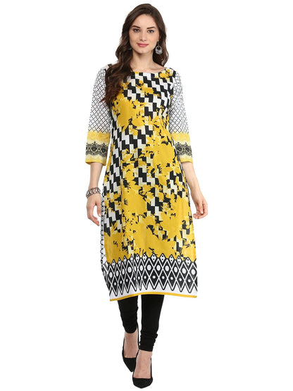 Women's Black & White Checkered Floral Yellow Cotton Printed Only Kurti