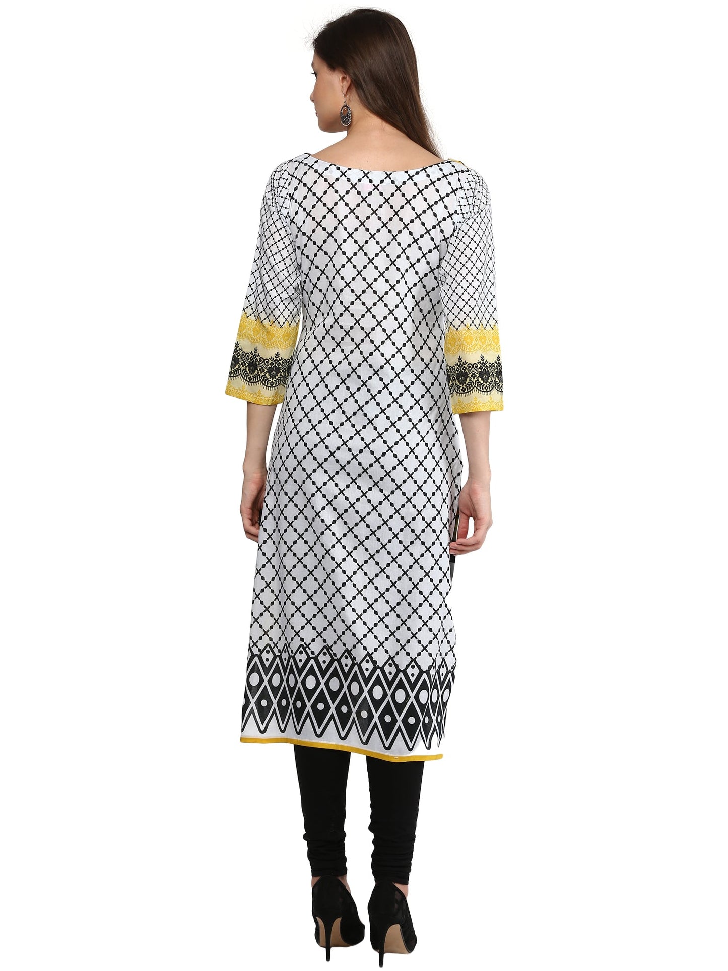 Women's Black & White Checkered Floral Yellow Cotton Printed Only Kurti