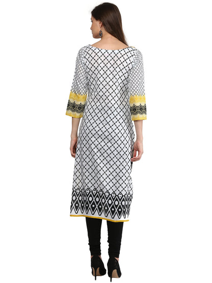 Women's Black & White Checkered Floral Yellow Cotton Printed Only Kurti