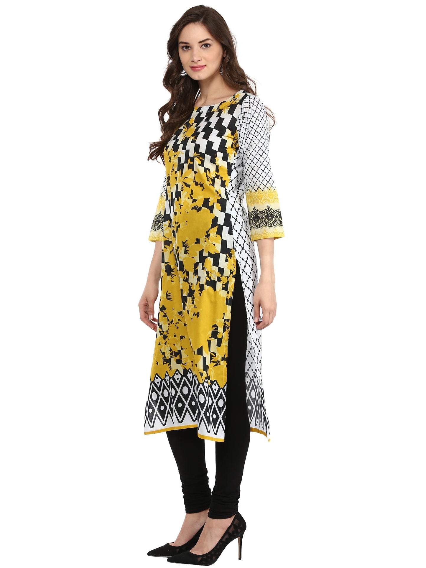 Women's Black & White Checkered Floral Yellow Cotton Printed Only Kurti