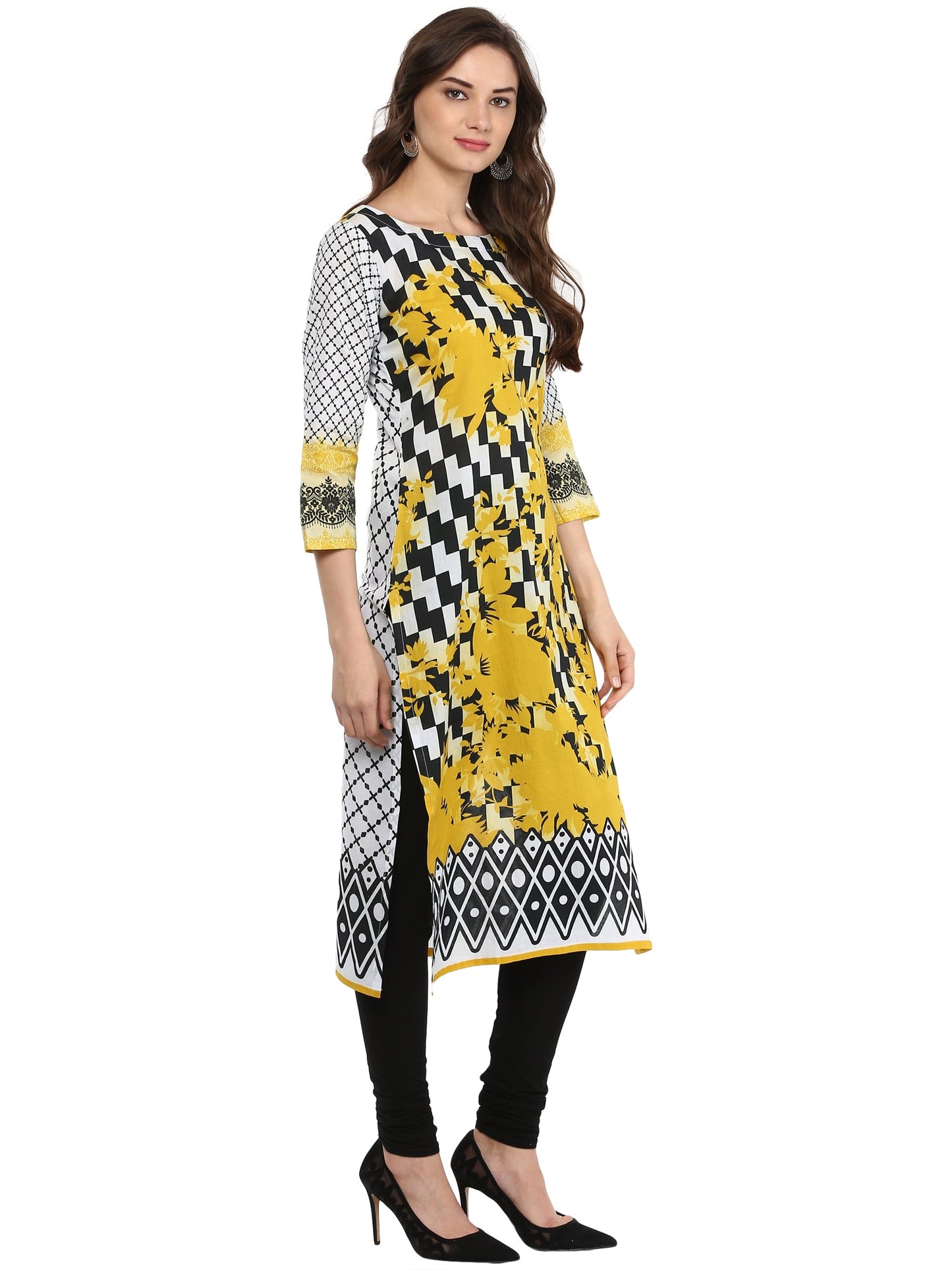 Women's Black & White Checkered Floral Yellow Cotton Printed Only Kurti