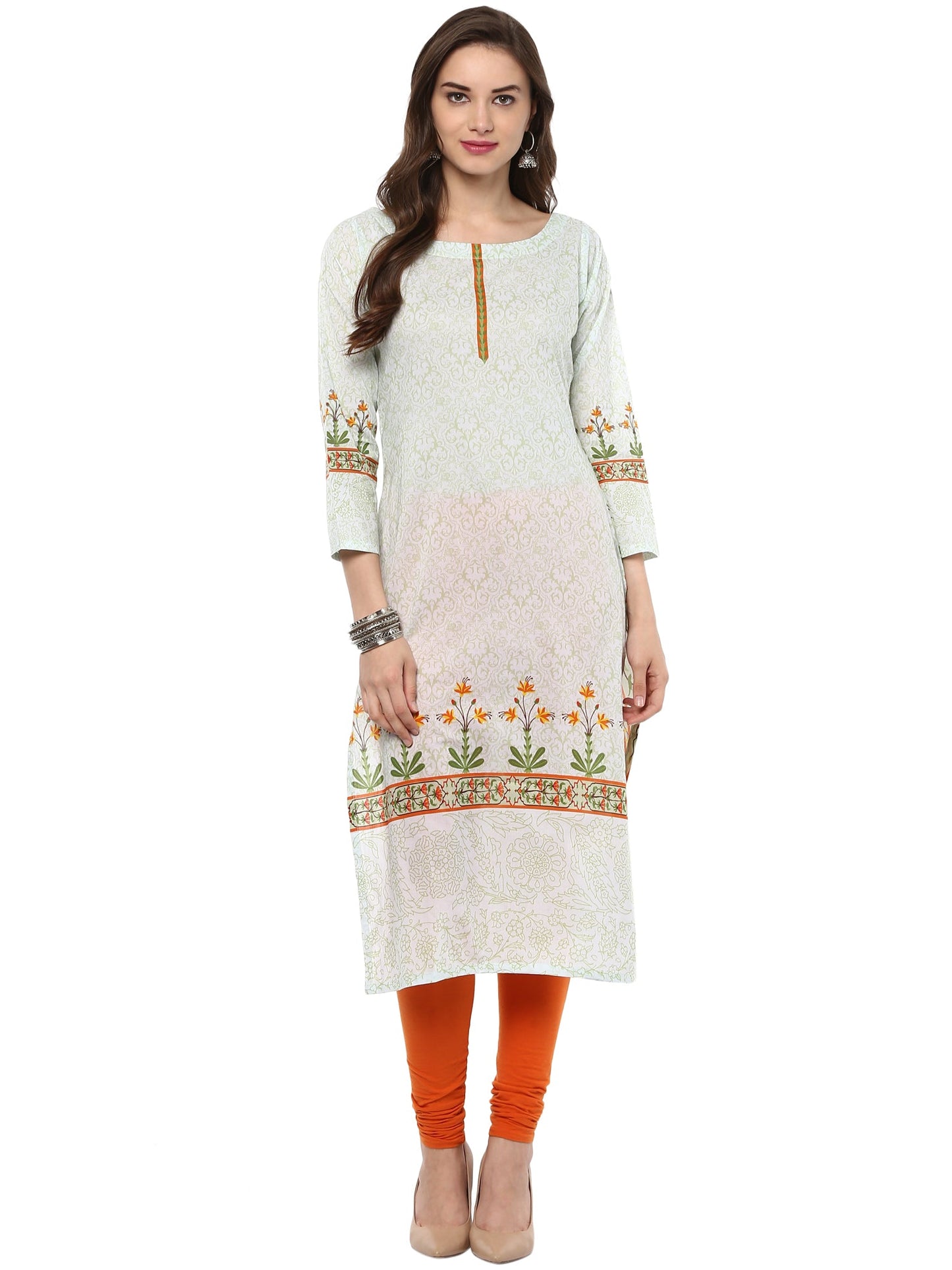 Women's Pista Color Floral Mughal Designer Cotton Print Only Kurti