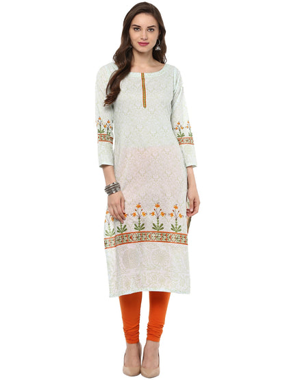 Women's Pista Color Floral Mughal Designer Cotton Print Only Kurti