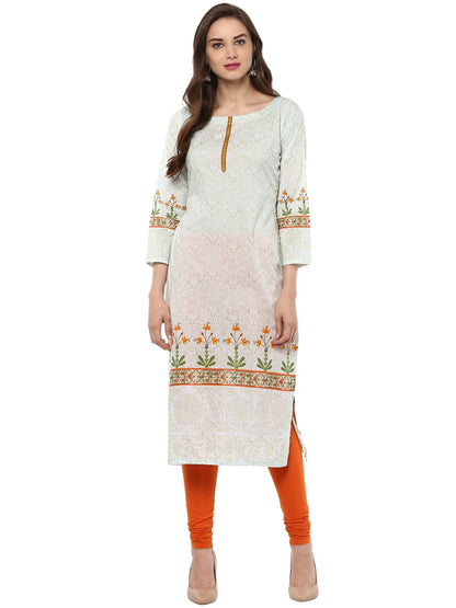 Women's Pista Color Floral Mughal Designer Cotton Print Only Kurti