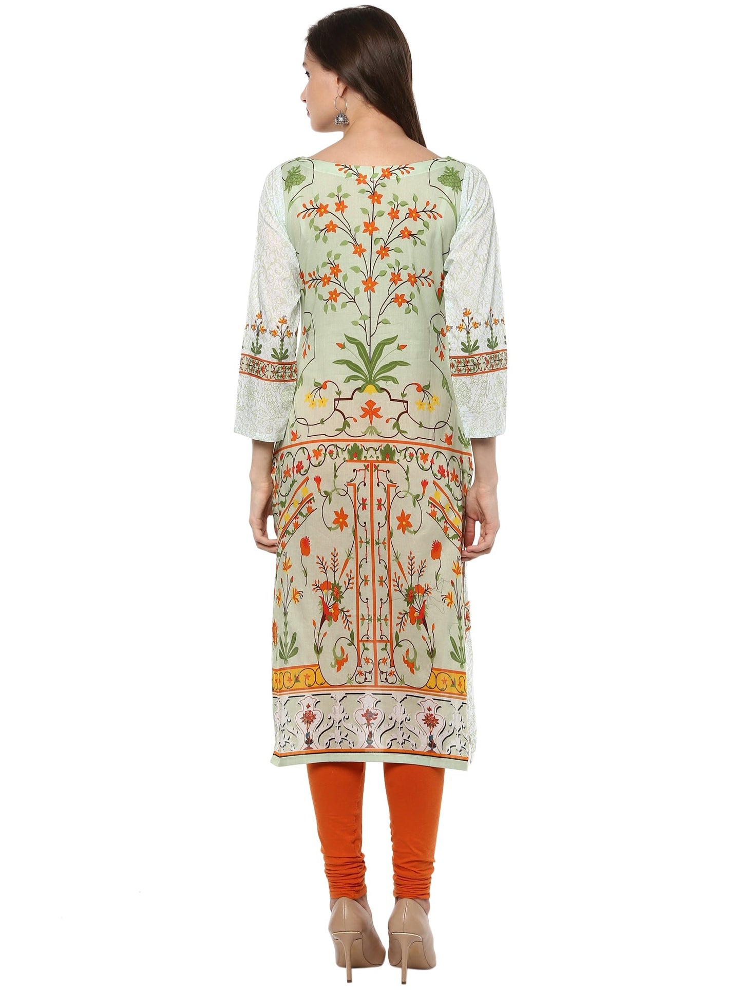 Women's Pista Color Floral Mughal Designer Cotton Print Only Kurti