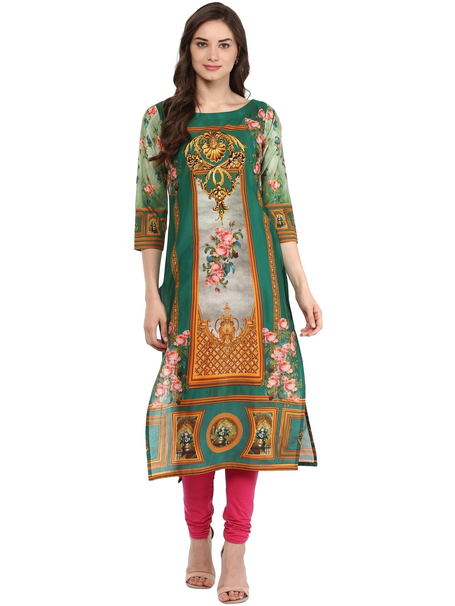 Women's Dark Green Floral Victorian Cotton Digital Printed  Only Kurti