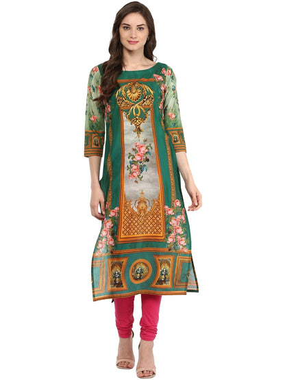 Women's Dark Green Floral Victorian Cotton Digital Printed  Only Kurti