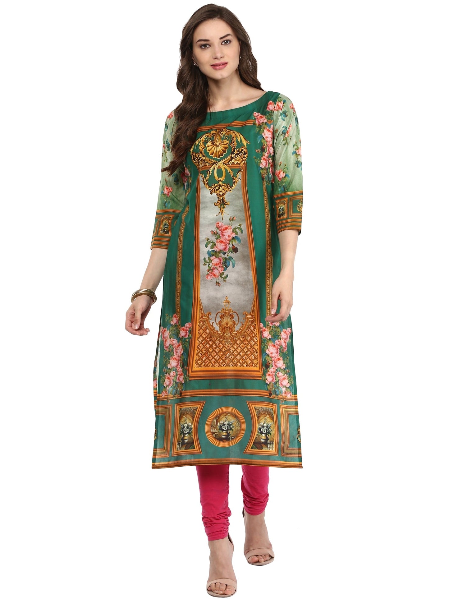 Women's Dark Green Floral Victorian Cotton Digital Printed  Only Kurti
