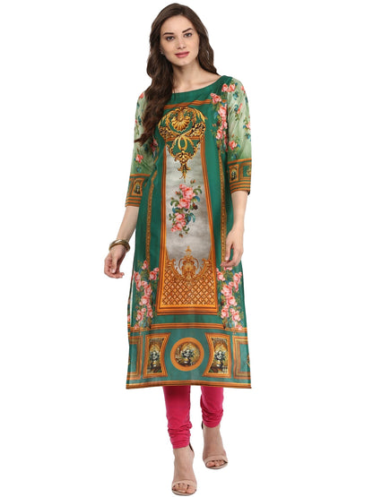 Women's Dark Green Floral Victorian Cotton Digital Printed  Only Kurti