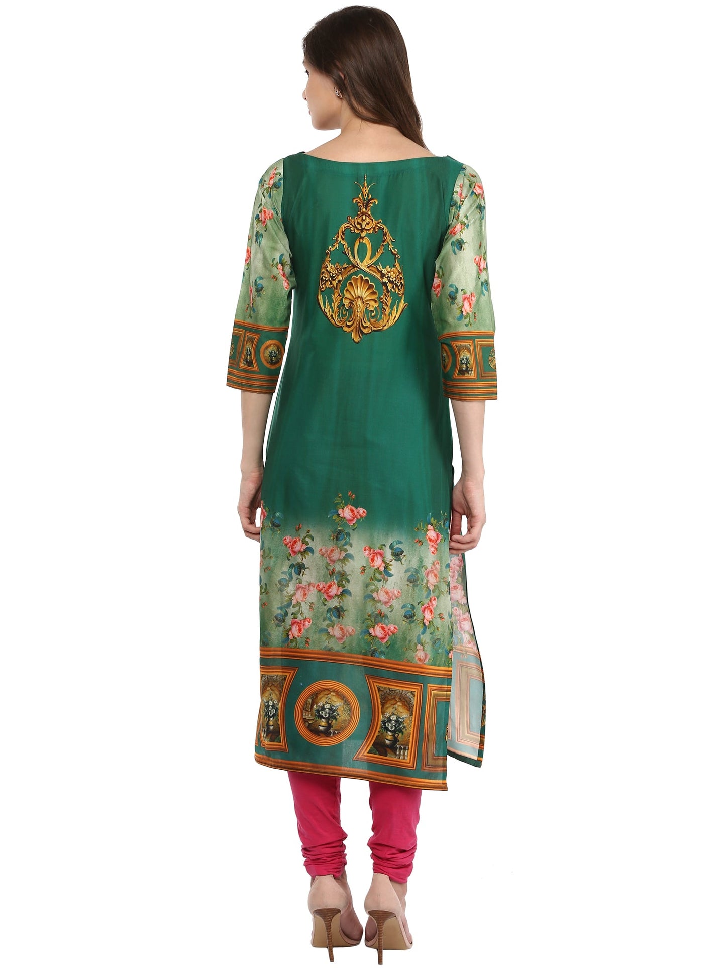 Women's Dark Green Floral Victorian Cotton Digital Printed  Only Kurti