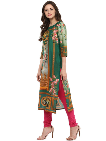 Women's Dark Green Floral Victorian Cotton Digital Printed  Only Kurti