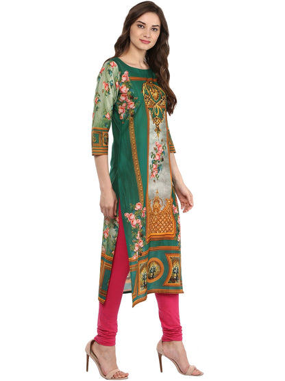 Women's Dark Green Floral Victorian Cotton Digital Printed  Only Kurti