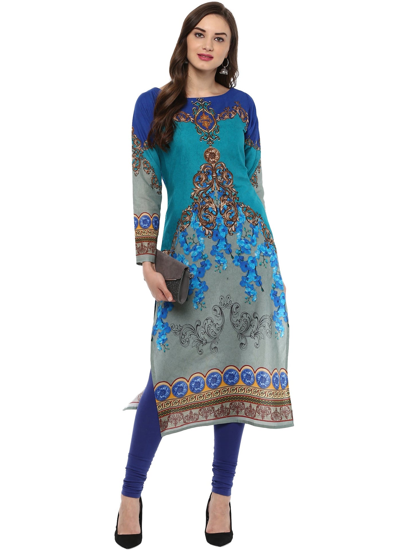 Women's Blue Grey Digital Printed Cotton Only Kurti