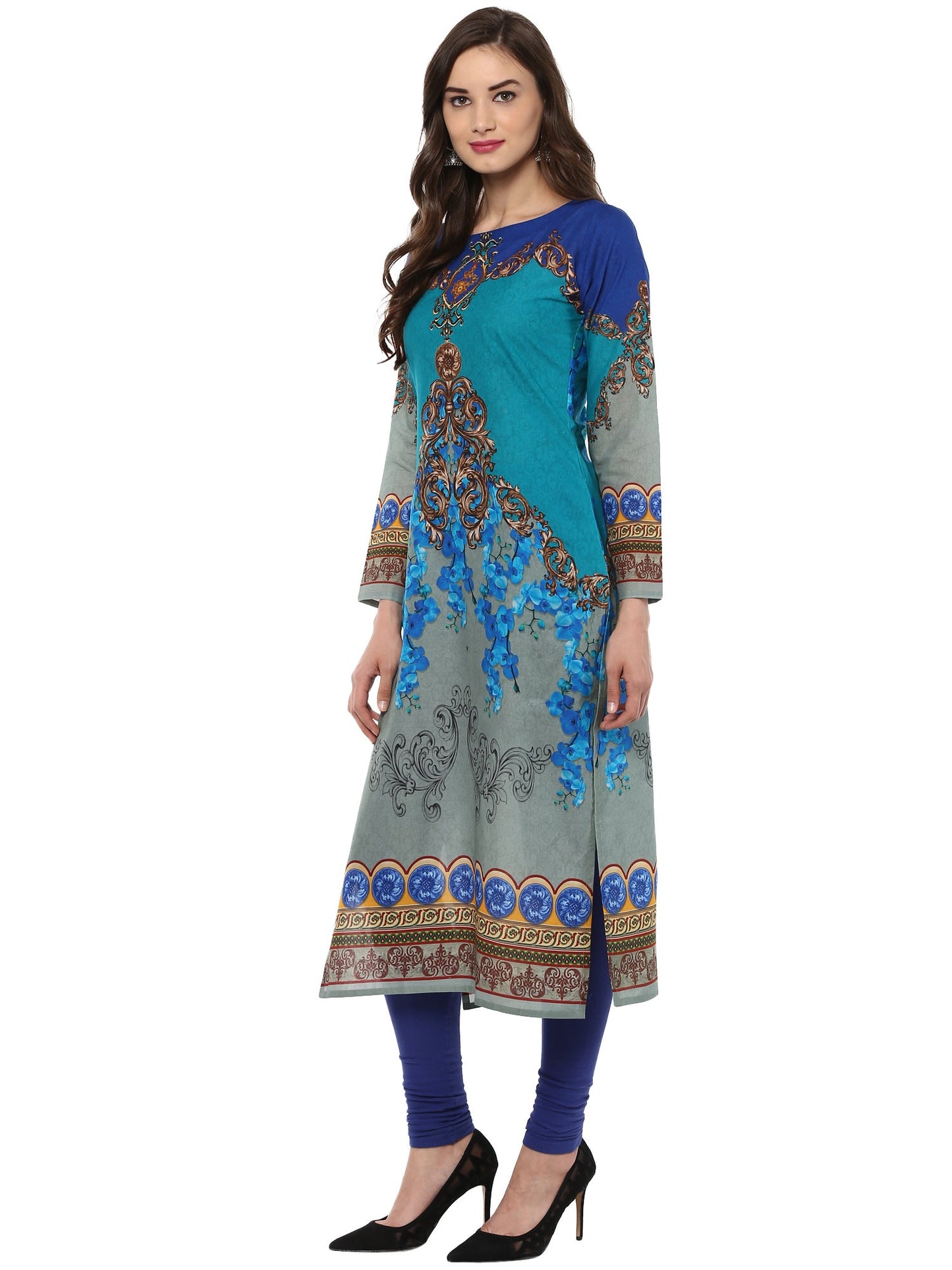 Women's Blue Grey Digital Printed Cotton Only Kurti