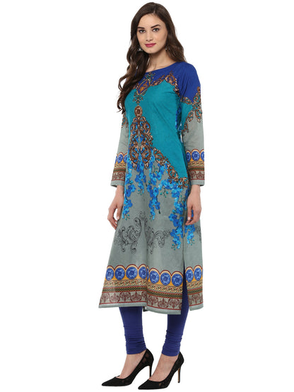 Women's Blue Grey Digital Printed Cotton Only Kurti