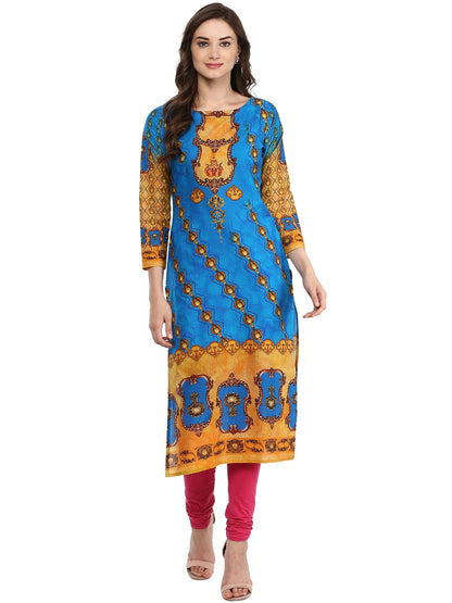 Women's Blue Colored 3/4Th Sleeve And Boat Neck Cotton Only Kurti