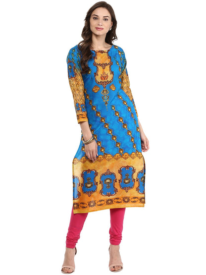 Women's Blue Colored 3/4Th Sleeve And Boat Neck Cotton Only Kurti