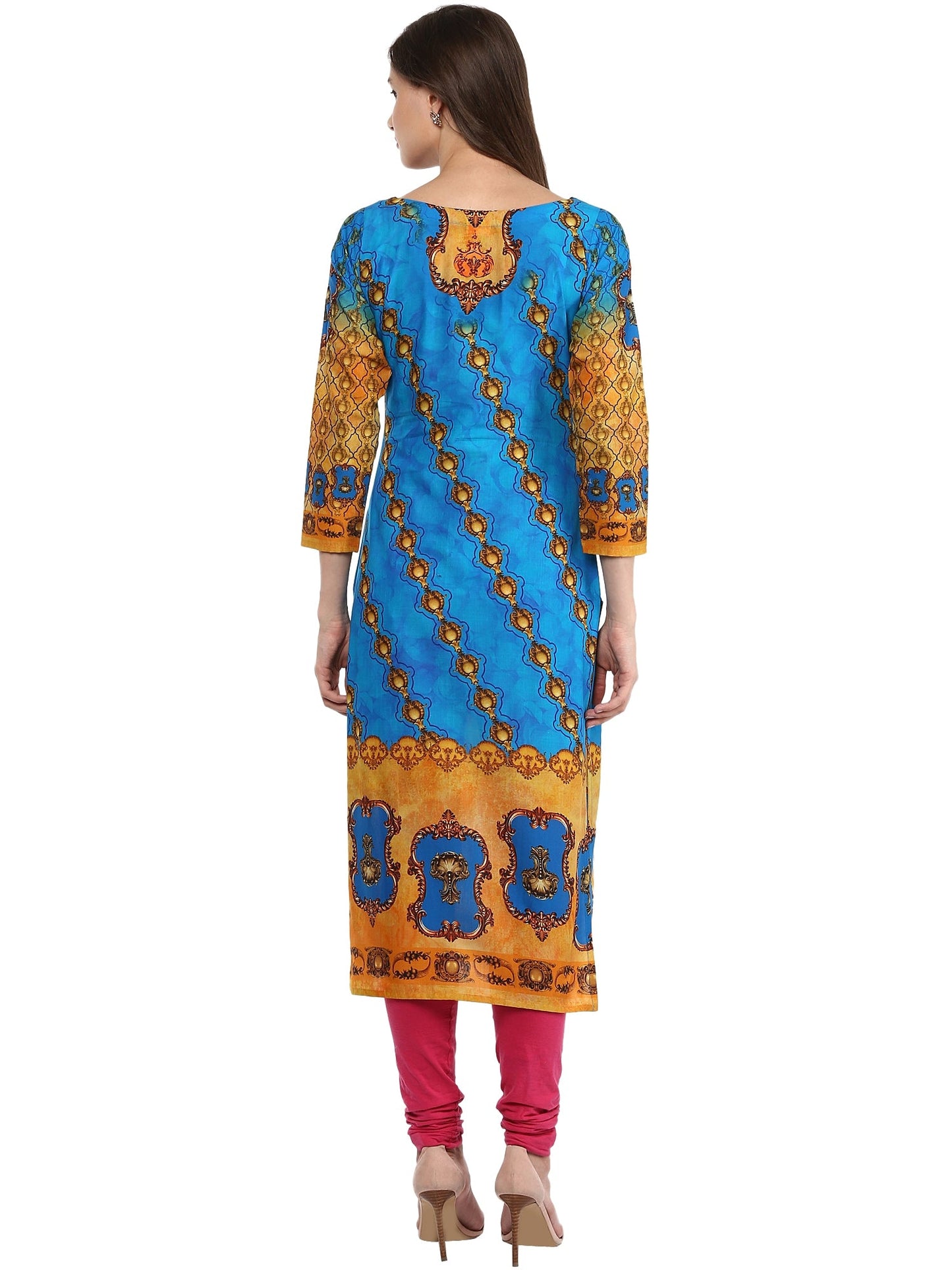 Women's Blue Colored 3/4Th Sleeve And Boat Neck Cotton Only Kurti
