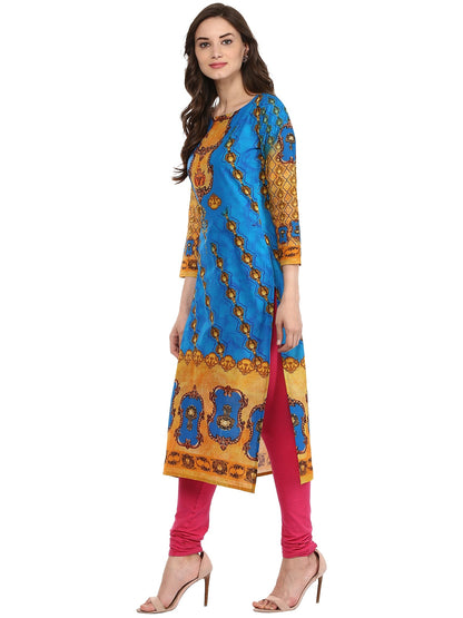 Women's Blue Colored 3/4Th Sleeve And Boat Neck Cotton Only Kurti