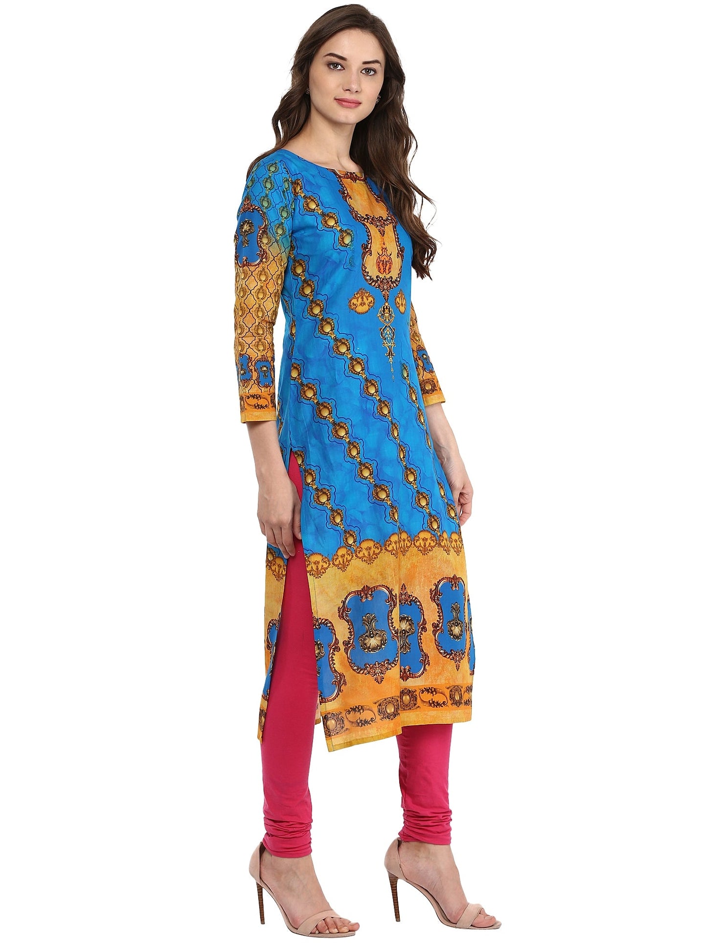 Women's Blue Colored 3/4Th Sleeve And Boat Neck Cotton Only Kurti