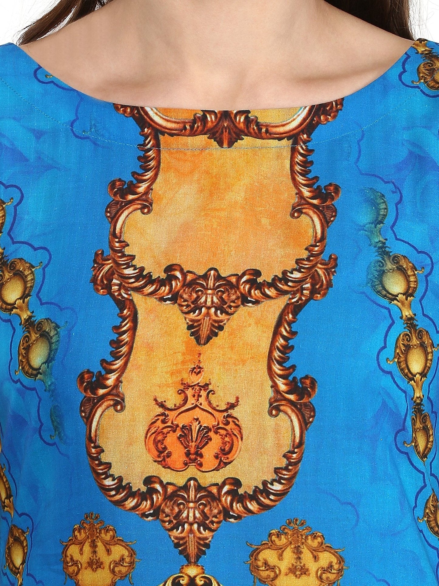 Women's Blue Colored 3/4Th Sleeve And Boat Neck Cotton Only Kurti