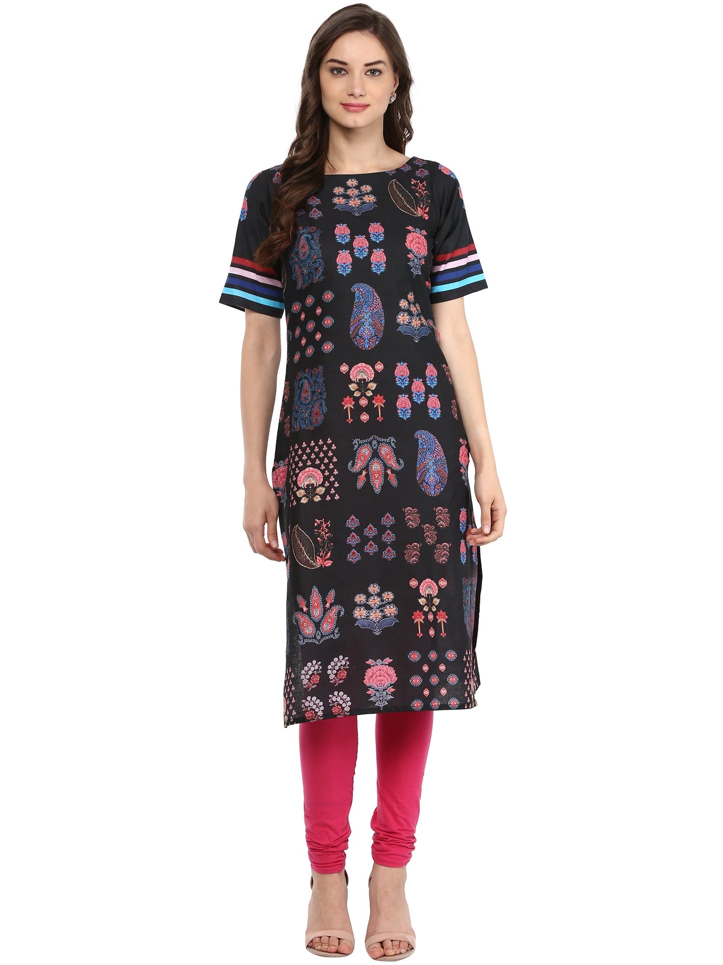 Women's Black Kashmiri Motif Print Cotton Only Kurti