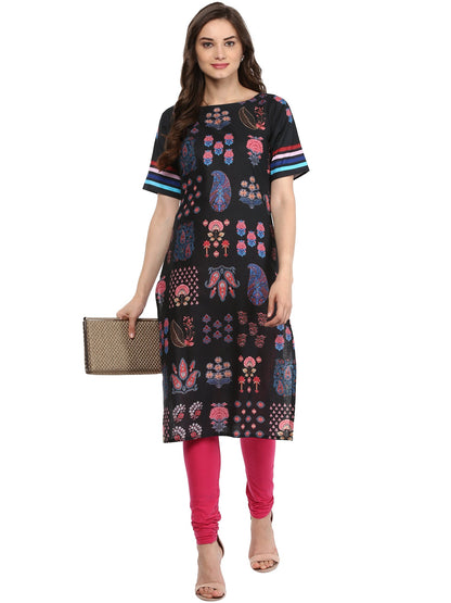 Women's Black Kashmiri Motif Print Cotton Only Kurti