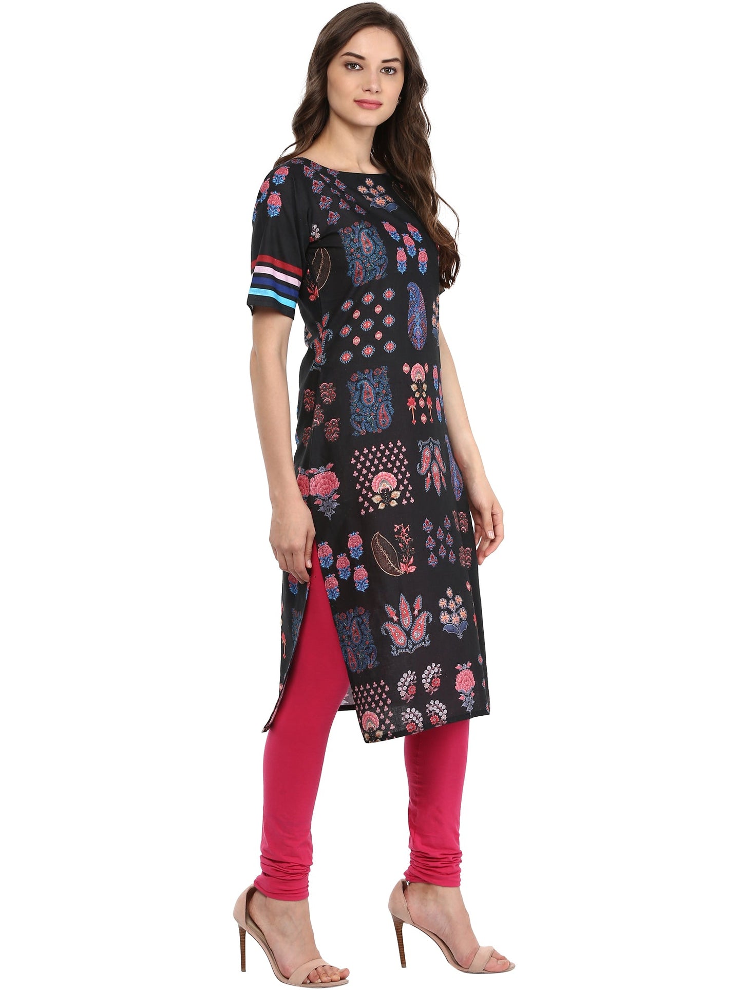 Women's Black Kashmiri Motif Print Cotton Only Kurti