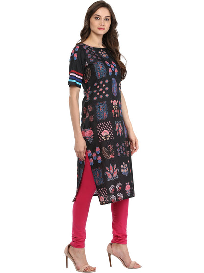 Women's Black Kashmiri Motif Print Cotton Only Kurti