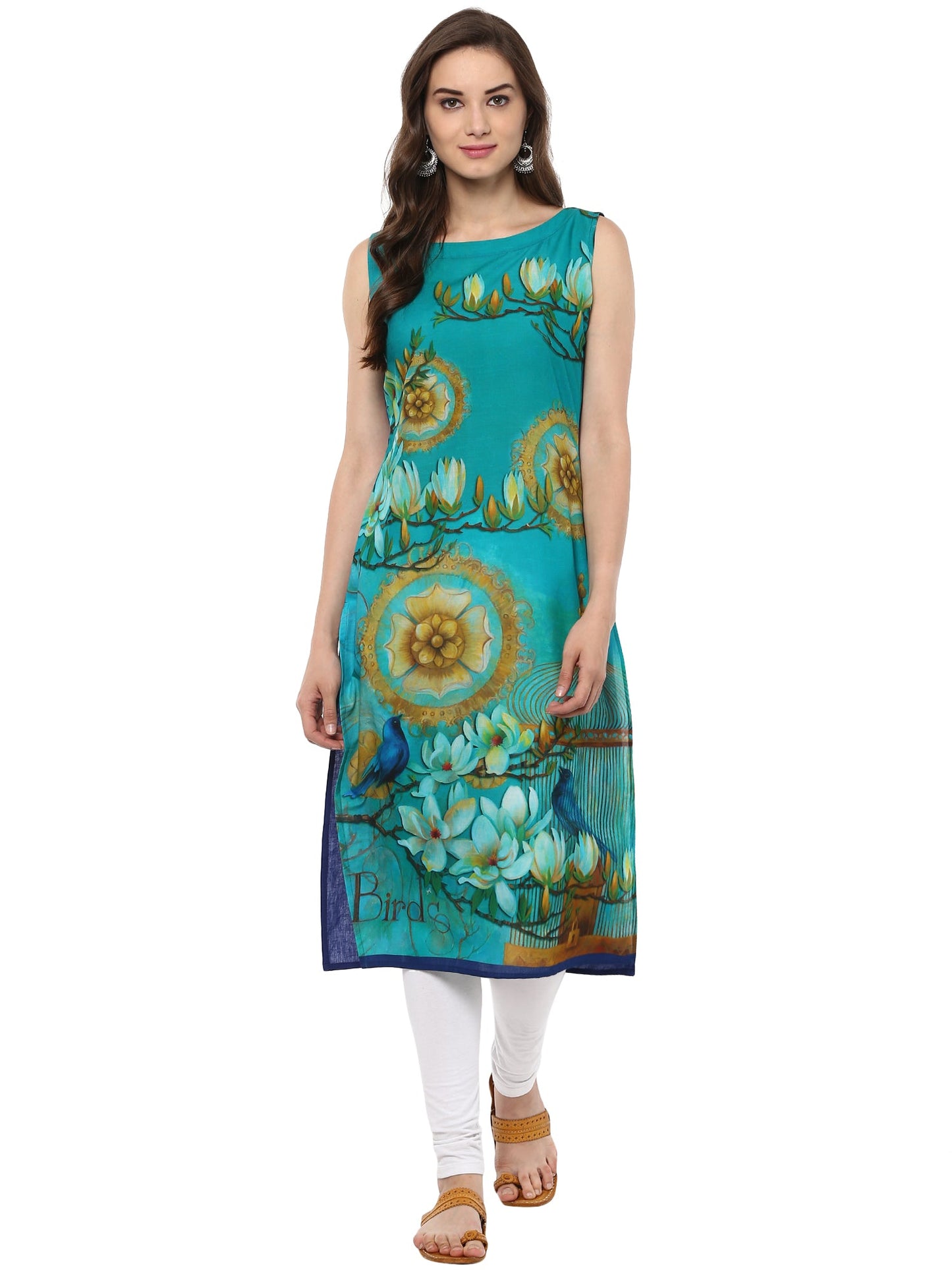 Women's Retro Floral Digital Cotton Blue Only Kurti With Bird Cage