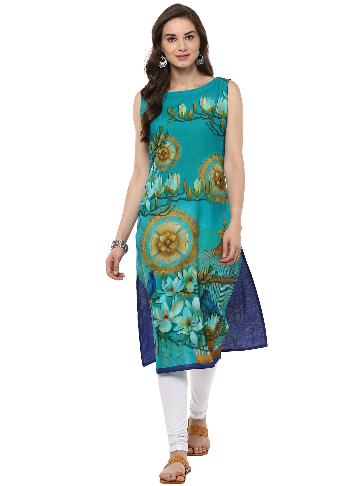 Women's Retro Floral Digital Cotton Blue Only Kurti With Bird Cage