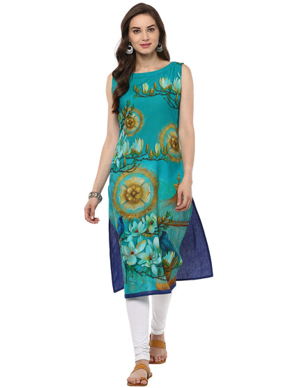 Women's Retro Floral Digital Cotton Blue Only Kurti With Bird Cage