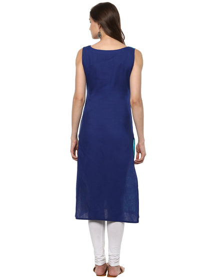 Women's Retro Floral Digital Cotton Blue Only Kurti With Bird Cage