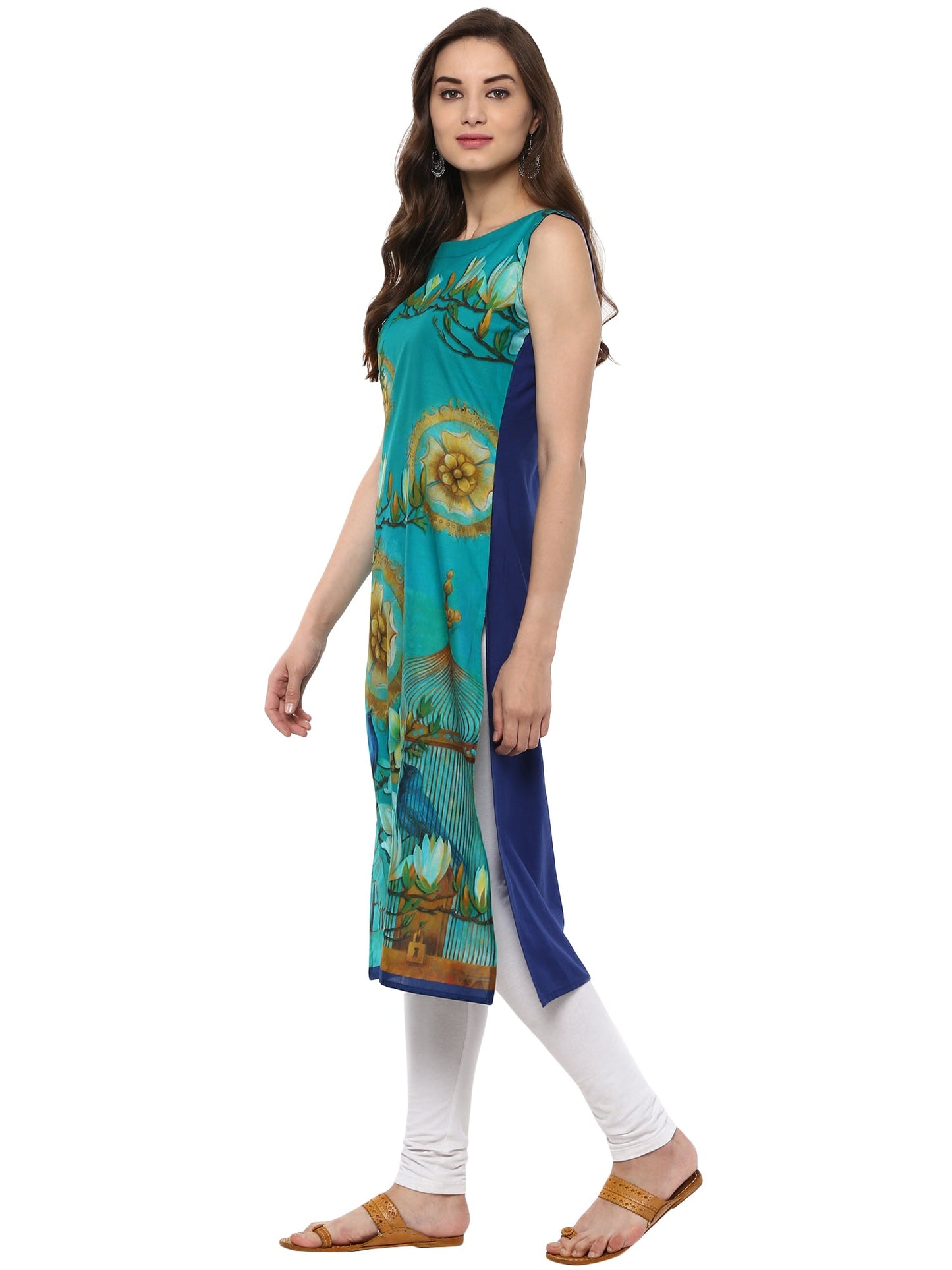 Women's Retro Floral Digital Cotton Blue Only Kurti With Bird Cage