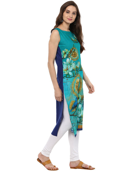 Women's Retro Floral Digital Cotton Blue Only Kurti With Bird Cage