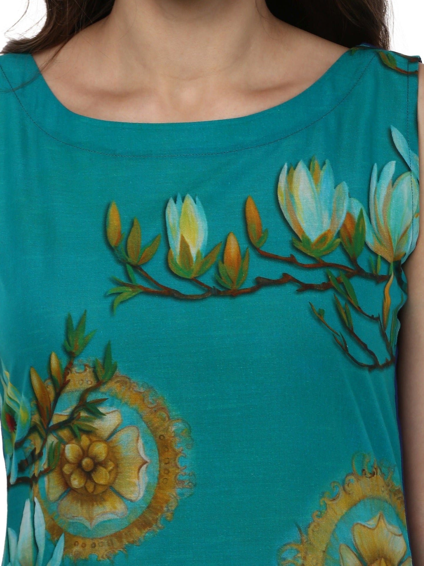 Women's Retro Floral Digital Cotton Blue Only Kurti With Bird Cage