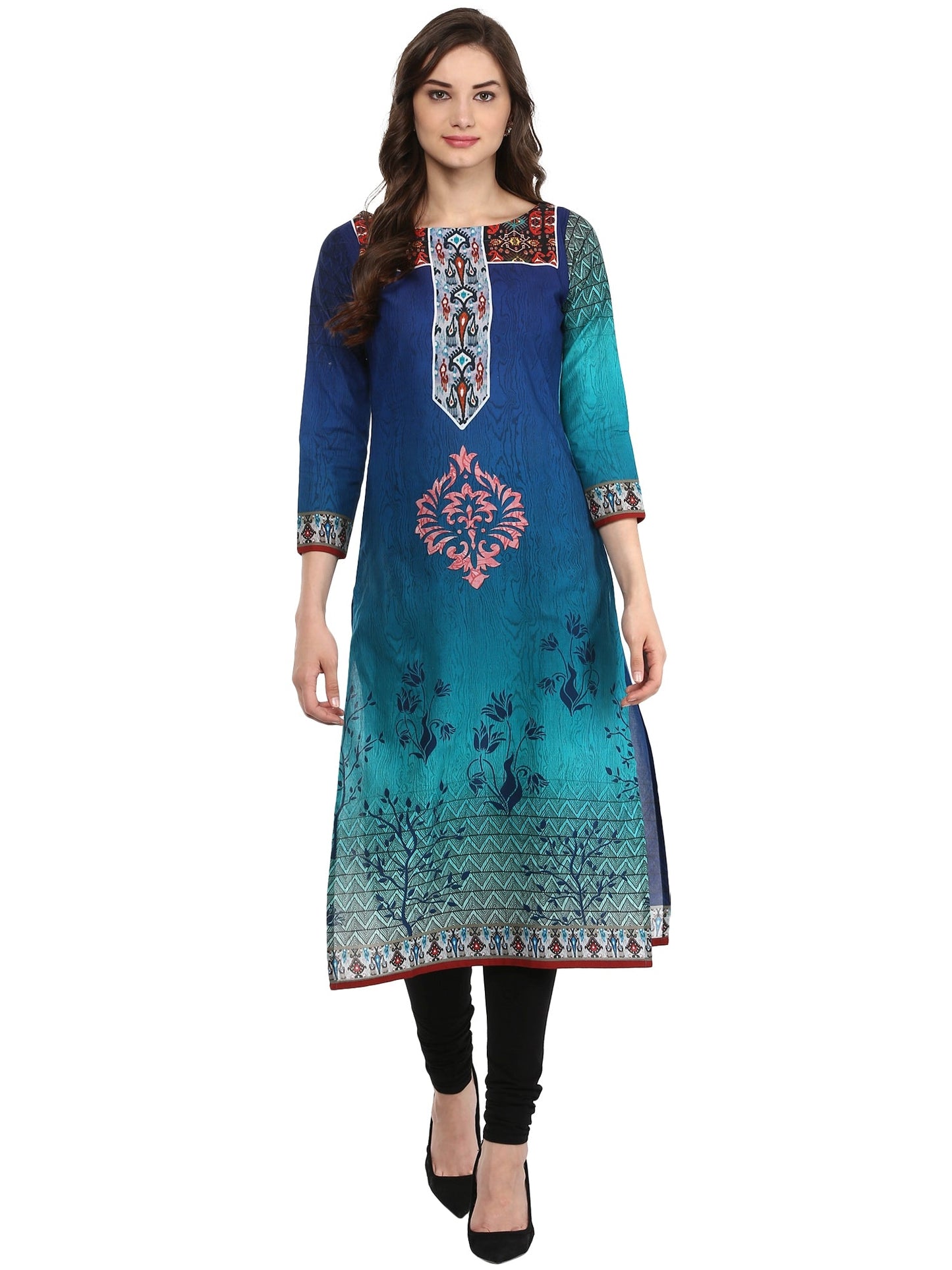 Women's Shades Of Blue Cotton Printed Only Kurti
