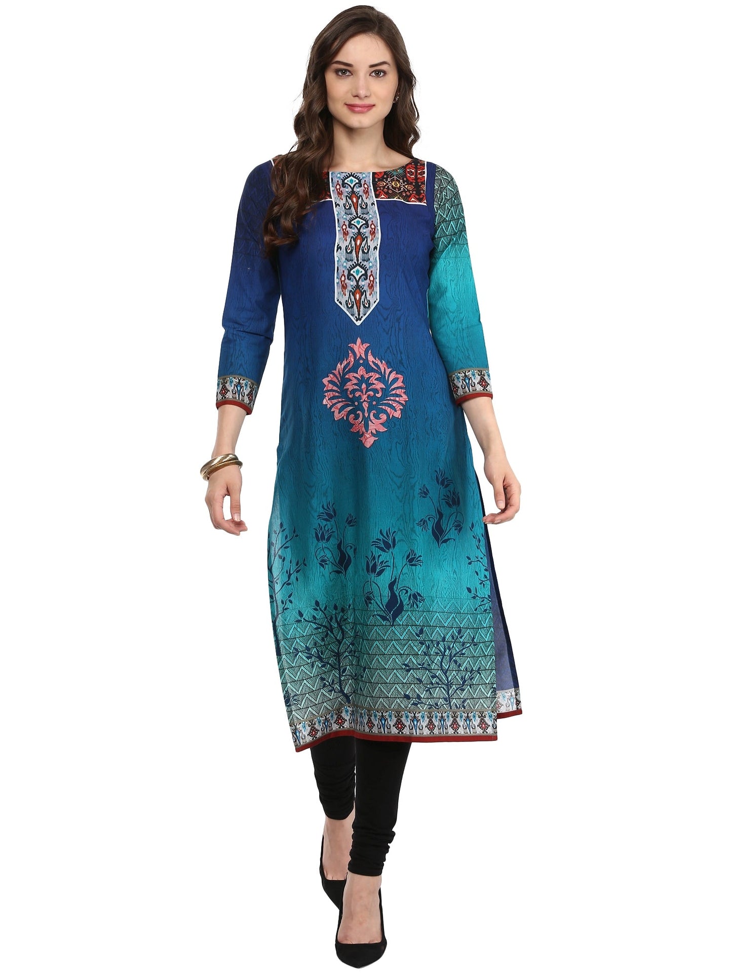 Women's Shades Of Blue Cotton Printed Only Kurti