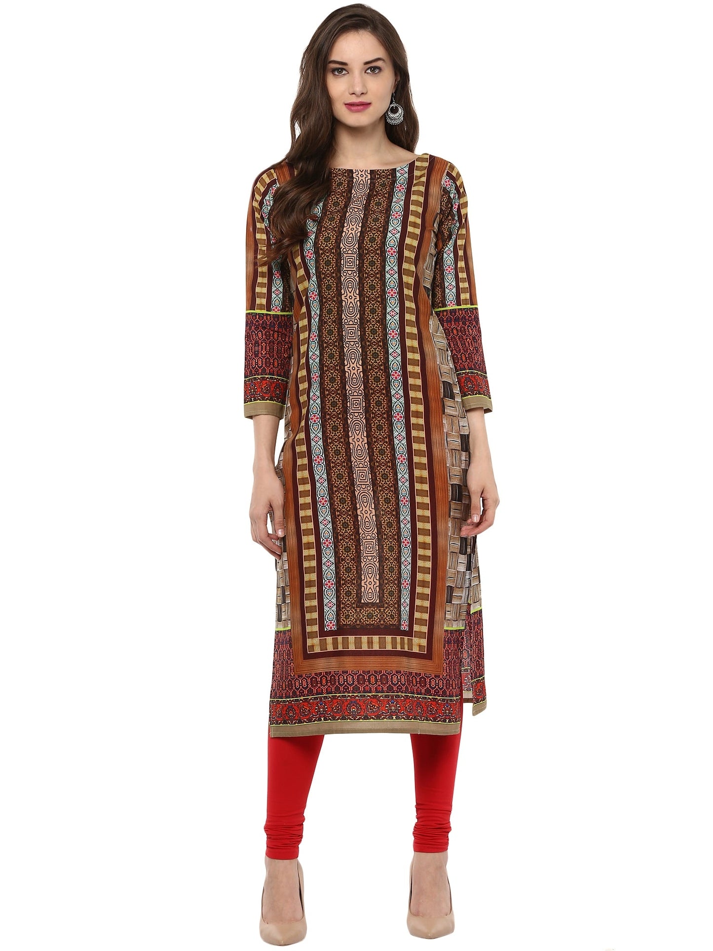 Women's Brown Cotton Digital Printed 3/4Th Sleeve Only Kurti
