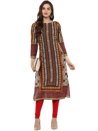 Women's Brown Cotton Digital Printed 3/4Th Sleeve Only Kurti