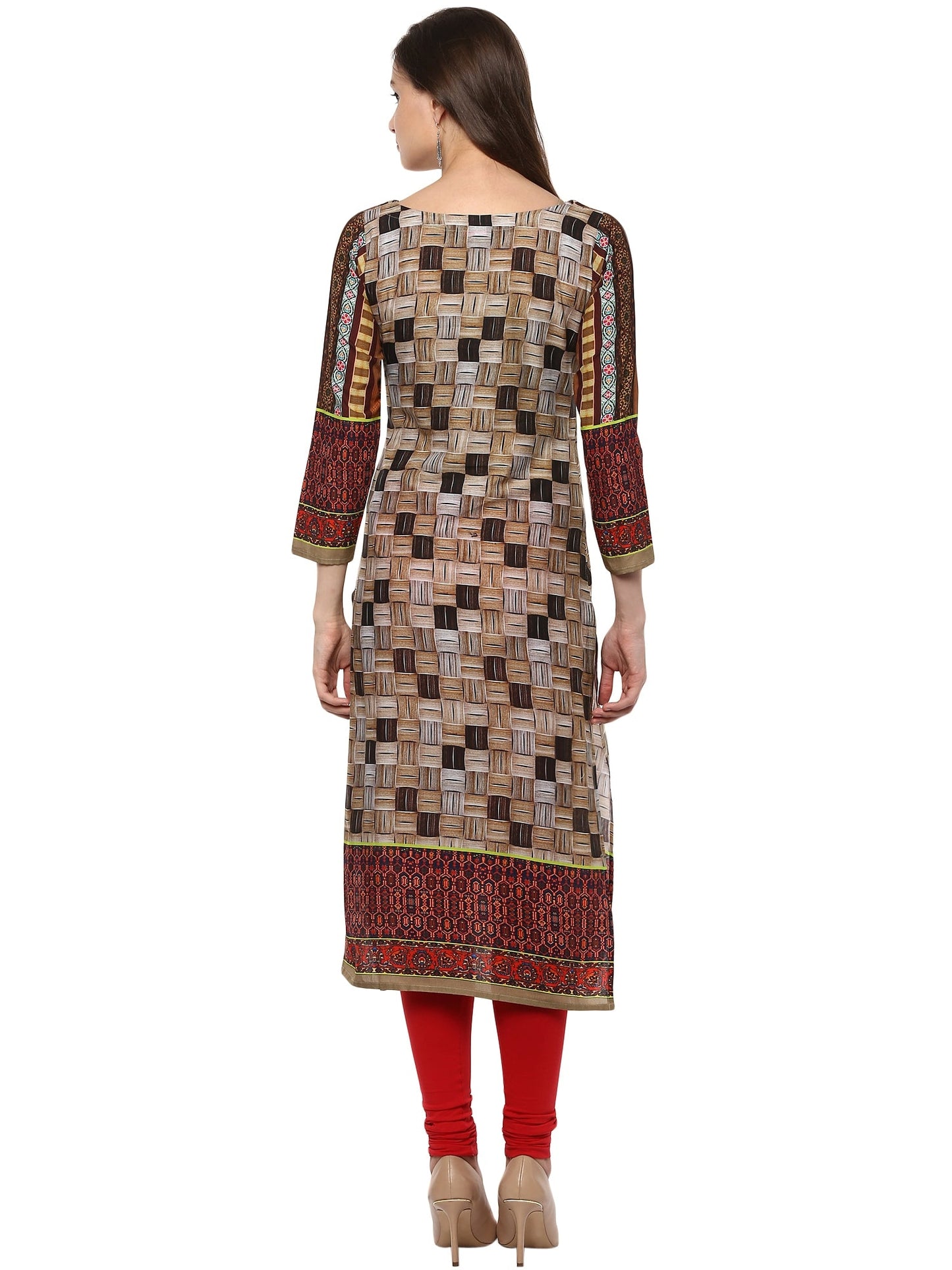 Women's Brown Cotton Digital Printed 3/4Th Sleeve Only Kurti