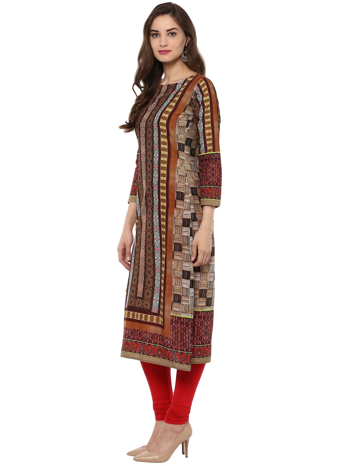 Women's Brown Cotton Digital Printed 3/4Th Sleeve Only Kurti